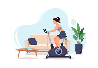 Flat style vector illustration of woman cycling on stationary exercise bike in indoor fitness space, home workout concept with healthy lifestyle training and cardio activity © Amie