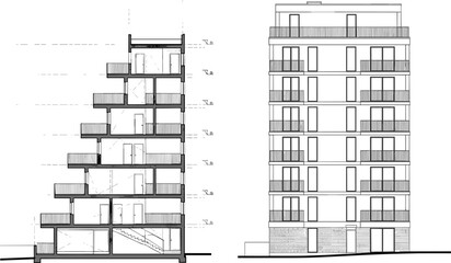 Modern Multi-Story Building with Sectional and Front Elevation Views in Black and White Architectural Drawing © NURUL