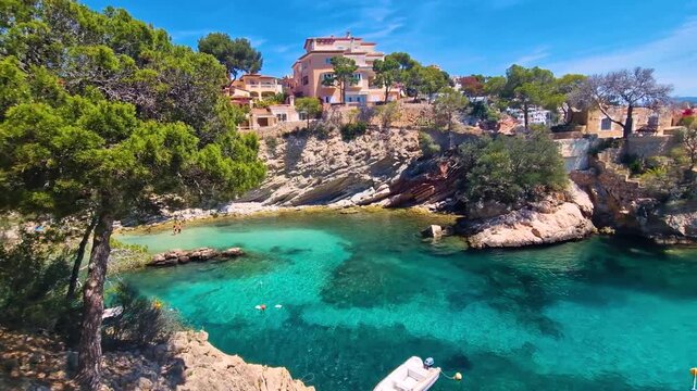 Mallorca 14k panorama of Cala de ses Llises small turquoise bay with crystal water and pine trees. Scenic view of Mediterranean sea cove with boats and coastal houses in Peguera Spain. Summer travel