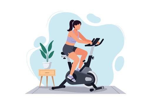 Flat style vector illustration of woman cycling on stationary exercise bike in indoor fitness space, home workout concept with healthy lifestyle training and cardio activity