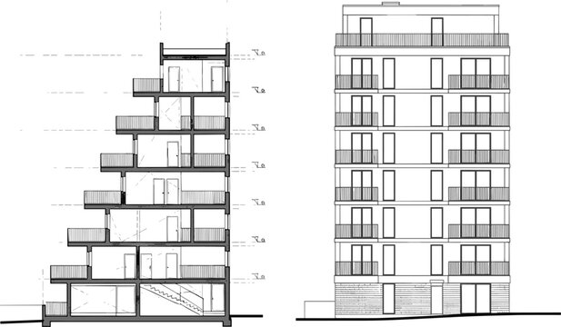 Modern Multi-Story Building with Sectional and Front Elevation Views in Black and White Architectural Drawing
