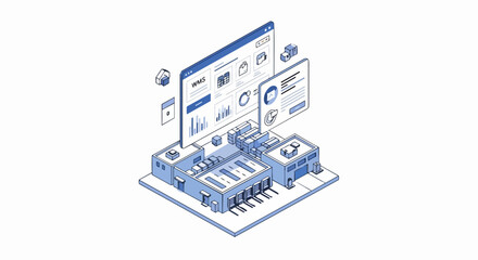 Obraz premium Isometric Warehouse Management System (WMS) Illustration with Digital Dashboard and Logistics Infrastructure for Smart Supply Chain Automation