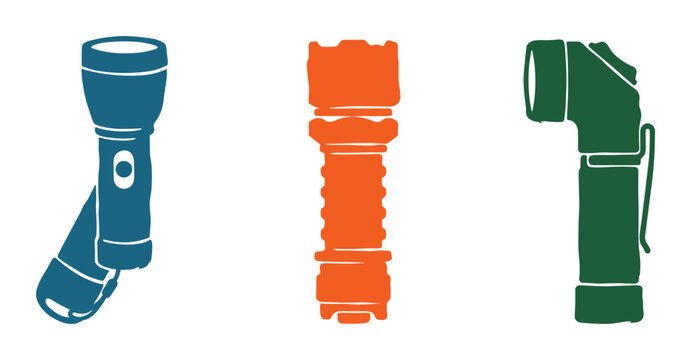 Three different industrial torch light silhouettes including angled head and tactical flashlights as vector