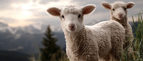 Obraz premium Two sheep stand in a grassy meadow during sunset with mountains in the background and warm light creating long shadows on the ground