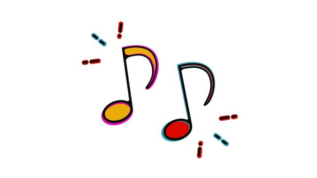 Looping Hand Drawn Neon Doodle Music notes Animation Frame by Frame Style Isolated on White Background