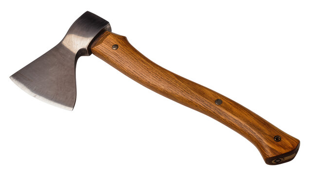 Wooden handled axe with gray metal head and small blade