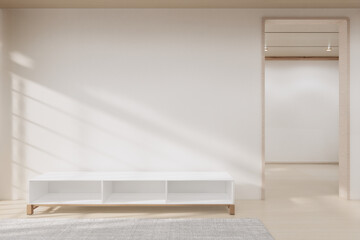 Fototapeta premium Small wall mounted storage cabinet on Empty room,Clean japanese minimalist room interior, 3D rendering