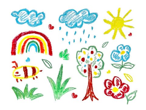 Bright colorful Kids Drawing with Doodle Hand Drawn Rainbow Clouds Sun Tree Flowers Bee Heart and Squiggles. Trendy charcoal pencil elements for Child.Childrens Day. Vector Whimsical doodle Hand Drawn