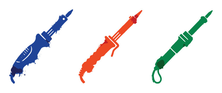 Various handheld tools or instruments with colorful abstract drips