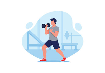 Flat style vector illustration of man lifting dumbbells, strength training and bodybuilding workout concept with healthy lifestyle isolated on minimal background © Amie