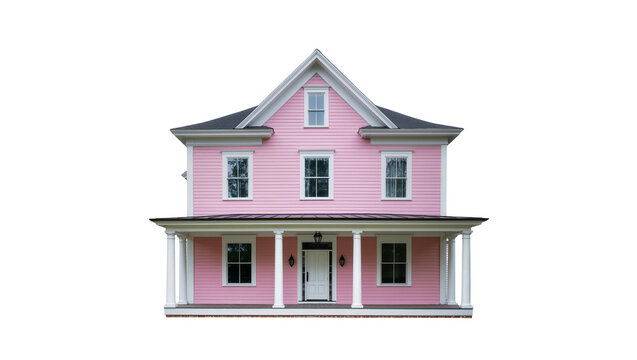 Pink two-story house with porch and windows