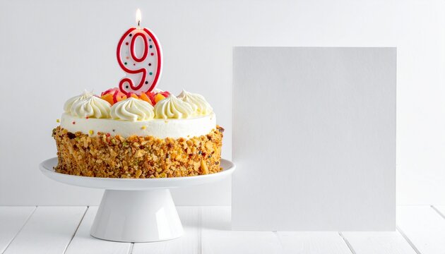 Birthday cake with number 9 candle and blank card with room for own message