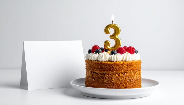 Birthday cake with number 3 candle and blank card with room for own message