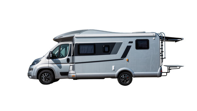 Modern gray campervan with black stripes and awning extended