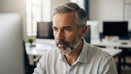 Obraz premium Focused Mature Businessman Working on Computer in Modern Office