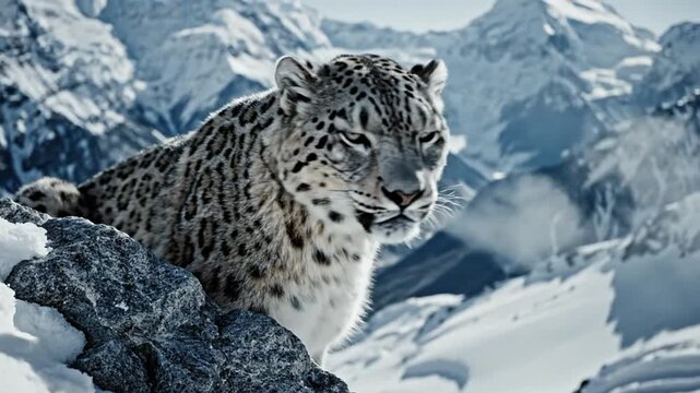 Snow Leopard Surveys Its Snowy Mountain Domain
