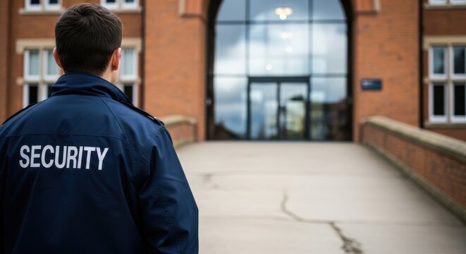 Male security guard monitoring the entrance of a professional building