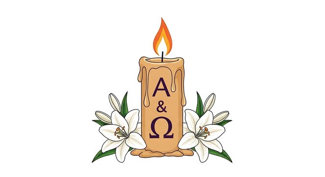 A candle with the Greek letters Alpha and Omega, flanked by lilies, flame burning