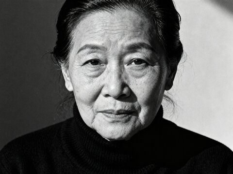 Black and white portrait of an elderly Asian woman wearing a dark turtleneck sweater