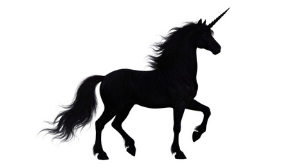 Black silhouette Unicorn with flowing Mane and Horn standing © Patricia