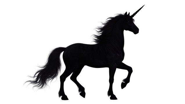 Black silhouette Unicorn with flowing Mane and Horn standing