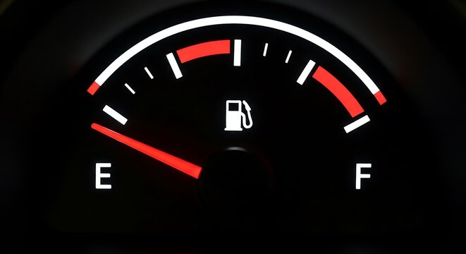 A close-up of a fuel gauge, indicating low fuel levels with a prominent needle