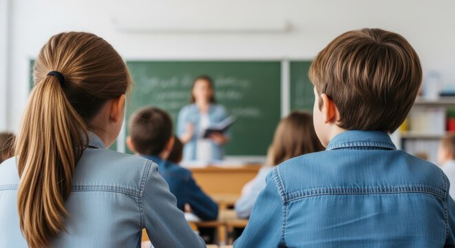 School children listening to female teacher in elementary classroom