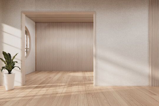 The Modern japandi style Clean room minimal with wood panels wall background 3D illustration rendering