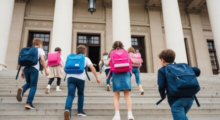 Obraz premium Diverse elementary students with backpacks running up stairs into a school building