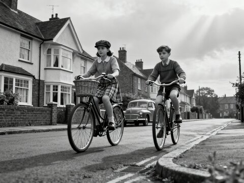 Vintage Charm: Children Riding Bicycles Through a Quaint British Street Capturing Nostalgia and Simplicity in Black and White