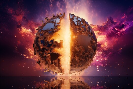 Exploding planet split in half with glowing golden light core in deep space with purple nebula background and reflection.