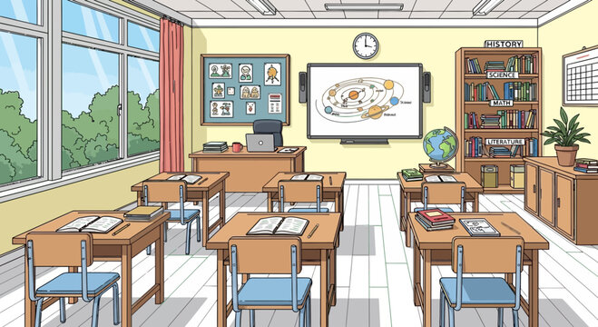 Empty Classroom with Desks, Smartboard, and Bookshelf - Back to School Illustration