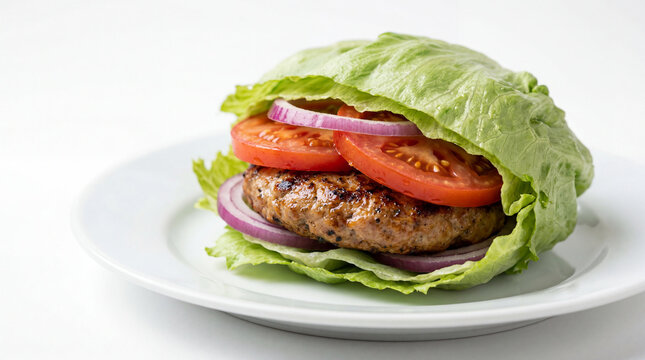 Healthy bunless keto burger wrapped in fresh lettuce leaves on a white plate.