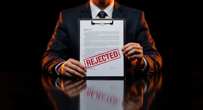 Businessman holding a document with a REJECTED stamp, symbolizing refusal or denial.