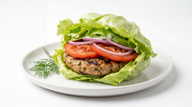 Healthy lettuce wrap burger with tomato and onion on a white plate.