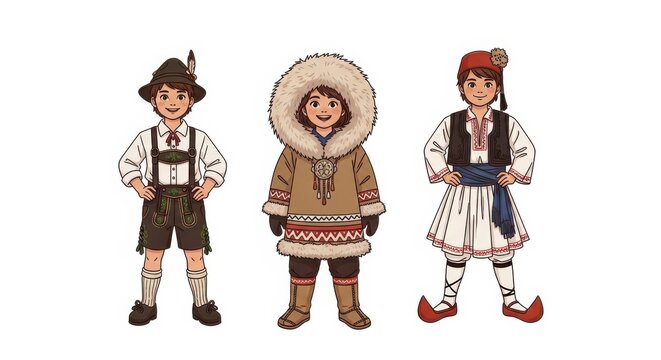 Diverse children in traditional costumes representing global cultural heritage