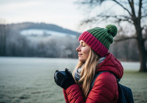 Woman Enjoying a Warm Drink Outdoors on a Chilly Morning - Discover the Perfect Winter Escape with Cozy Hats and Scenic Views