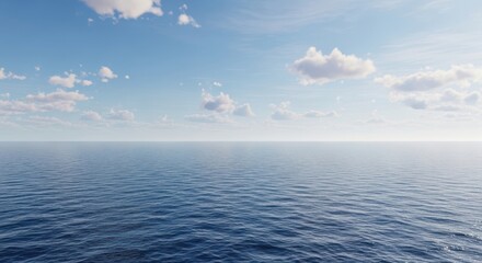 Obraz premium Calm blue ocean waves under clear sunny sky with white clouds