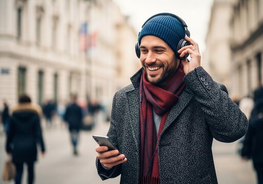 Stylish Man Enjoying Music on Headphones in the City - Embrace the Urban Lifestyle with the Latest Sound Technology!