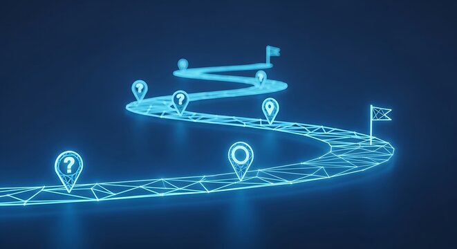 Neon blue path with checkpoints and flags, symbolizing a journey or strategic roadmap