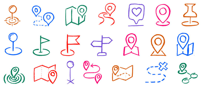 Navigation Geographic Location Routes Related Icons Crayon Chalk Drawing Doodle Vector Set