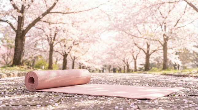 Pink yoga mat on stone path under blooming cherry blossom trees