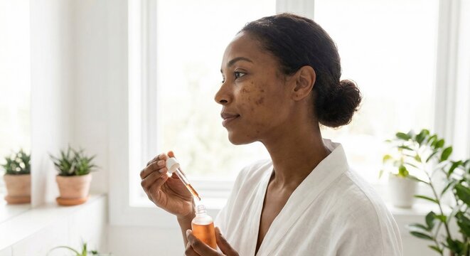 Black woman applying serum for skin hyperpigmentation