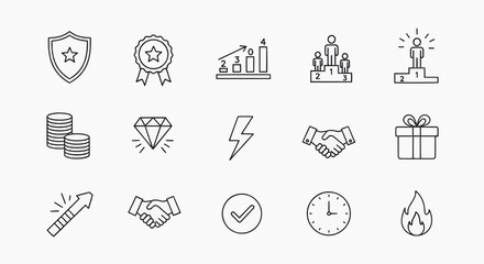 Fototapeta premium Various business related icons are depicted in a simple line style on a plain background.