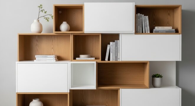 Contemporary Modular Light Oak and White Shelving Unit for Modern Home Interior Design