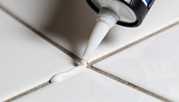 Close-up of white silicone sealant being applied to grout lines between ceramic tiles in a bathroom or kitchen, demonstrating home improvement work.
