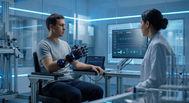Stroke patient using robotic exoskeleton glove in high-tech lab