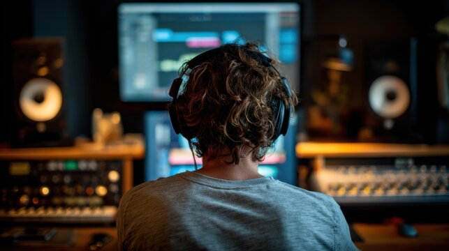 Learner focused on digital audio workstation screen with blurred background of studio equipment during beatmaking session in music production lab.