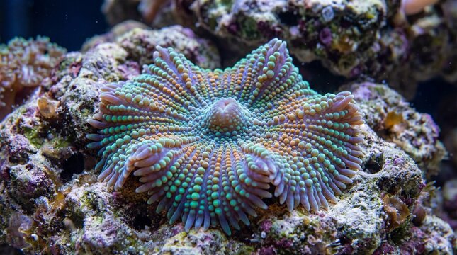 Colorful ricordea mushroom coral on rocky reef substrate  