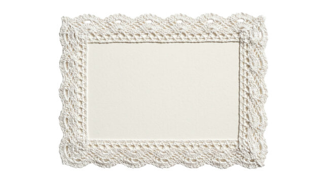 Blank rectangular paper card decorated with white crocheted lace border on a transparent background